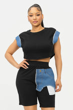 Load image into Gallery viewer, Color Block Denim Sleeve Top And Biker Shorts Set: Fuchsia-Denim