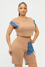 Load image into Gallery viewer, Color Block Denim Sleeve Top And Biker Shorts Set: Fuchsia-Denim