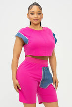 Load image into Gallery viewer, Color Block Denim Sleeve Top And Biker Shorts Set: Fuchsia-Denim