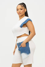 Load image into Gallery viewer, Color Block Denim Sleeve Top And Biker Shorts Set: Fuchsia-Denim