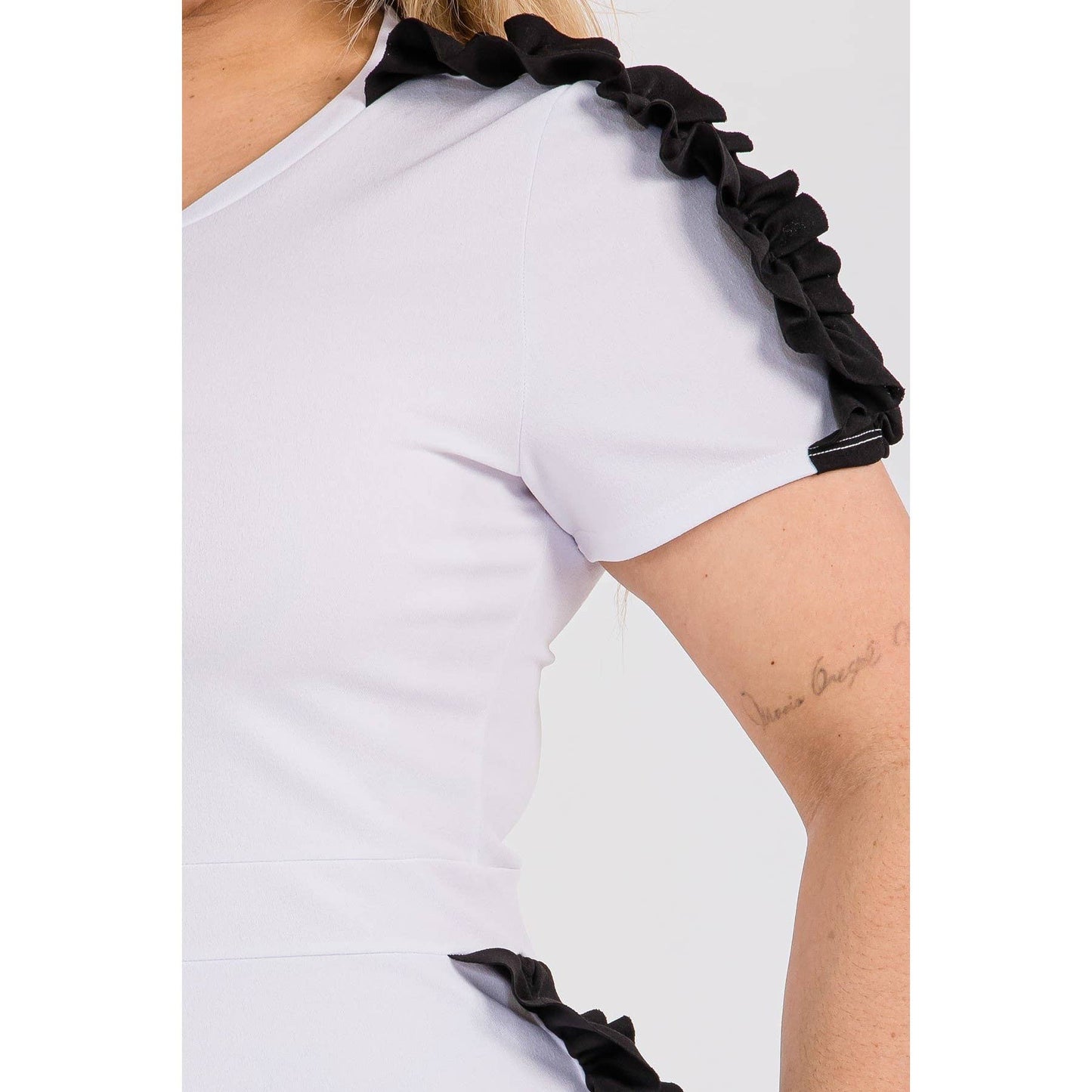 PLUS WHITE AND BLACK RUFFLE DETAIL JUMPSUIT : WHITE Bodi Language for Women