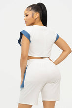 Load image into Gallery viewer, Color Block Denim Sleeve Top And Biker Shorts Set: Fuchsia-Denim