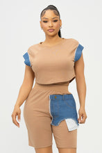 Load image into Gallery viewer, Color Block Denim Sleeve Top And Biker Shorts Set: Fuchsia-Denim
