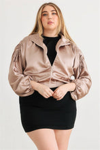 Load image into Gallery viewer, Plus Satin Zip-up Ruched Long Sleeve Cropped Bomber Jacket Bodi Language for Women