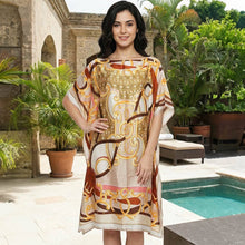 Load image into Gallery viewer, Abstract Print Resort Silky Kaftan Midi Dress: Beige,Gold