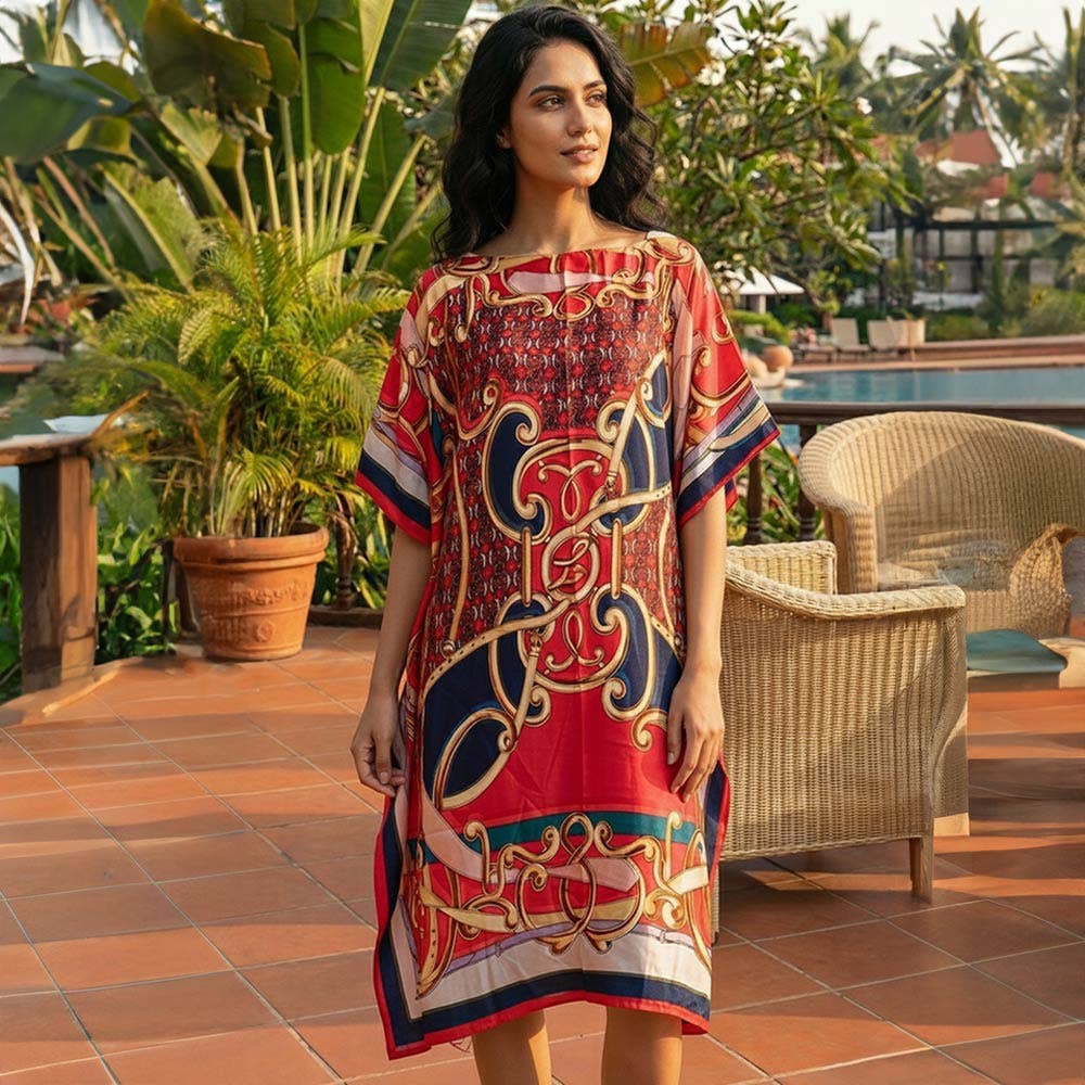Abstract Print Resort Silky Kaftan Midi Dress: Beige,Gold