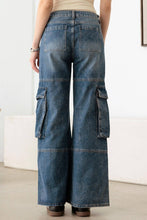 Load image into Gallery viewer, Medium Blue Vintage Wide Leg Cargo Denim Jeans: Vintage Medium Blue Bodi Language for Women