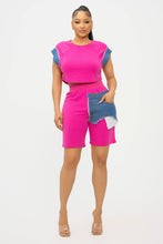 Load image into Gallery viewer, Color Block Denim Sleeve Top And Biker Shorts Set: Fuchsia-Denim