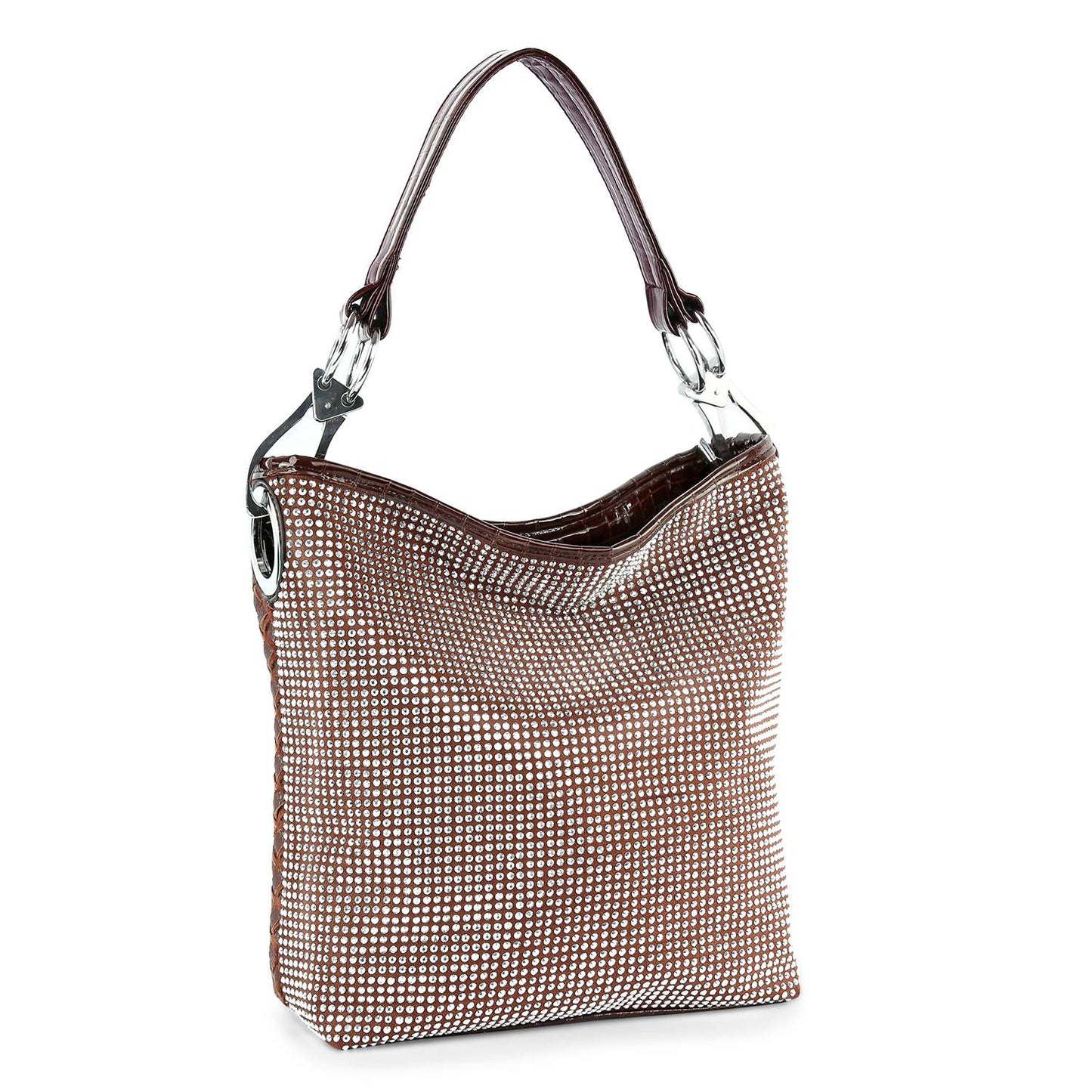Rhinestone Covered Tall Hobo Handbag: Coffee