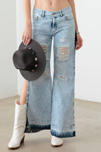Load image into Gallery viewer, Light Blue Destroyed Deep Side Slit Raw Hem Jeans: Light Blue Acid Wash Bodi Language for Women