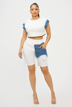 Load image into Gallery viewer, Color Block Denim Sleeve Top And Biker Shorts Set: Fuchsia-Denim