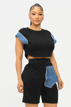 Load image into Gallery viewer, Color Block Denim Sleeve Top And Biker Shorts Set: Fuchsia-Denim
