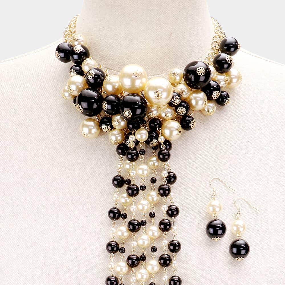 Pearl Cluster Vine Fringe Bib Necklace: Black,Gold