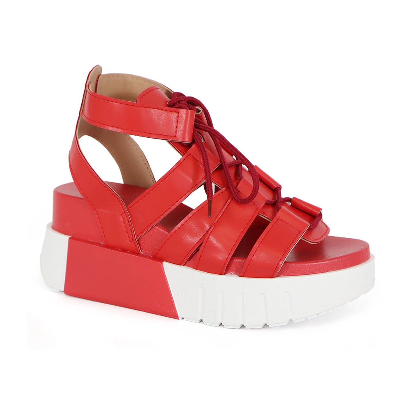 Lace Up Chunky Wedge Sandals: Red