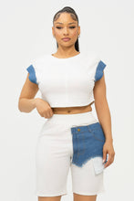 Load image into Gallery viewer, Color Block Denim Sleeve Top And Biker Shorts Set: Fuchsia-Denim