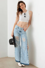 Load image into Gallery viewer, Light Blue Destroyed Deep Side Slit Raw Hem Jeans: Light Blue Acid Wash Bodi Language for Women