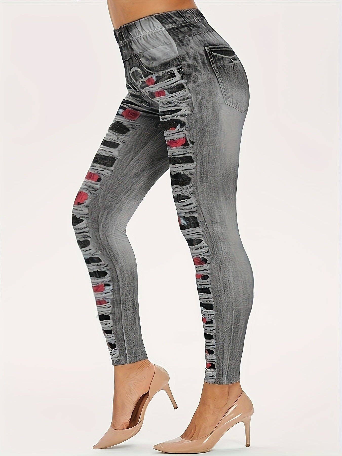 Casual Stretch Ripped Denim Legging -Grey