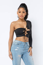 Load image into Gallery viewer, Yoga Fabric One Shoulder Front Open Tie Crop Top: Black
