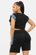 Load image into Gallery viewer, Color Block Denim Sleeve Top And Biker Shorts Set: Fuchsia-Denim
