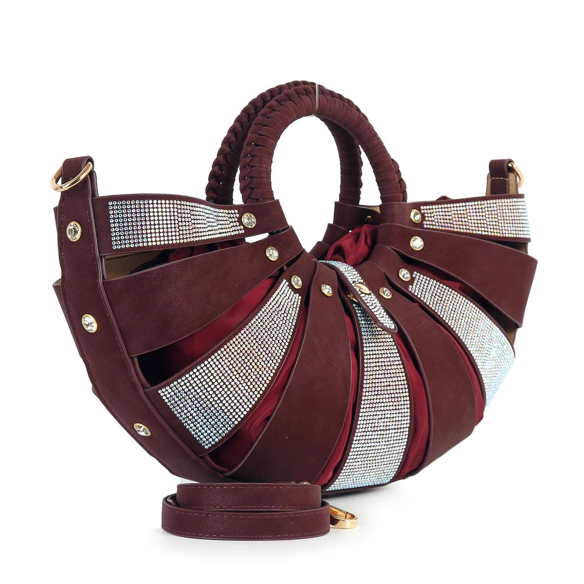Unique  Design Rhinestone Accented Hand Tote: Burgundy