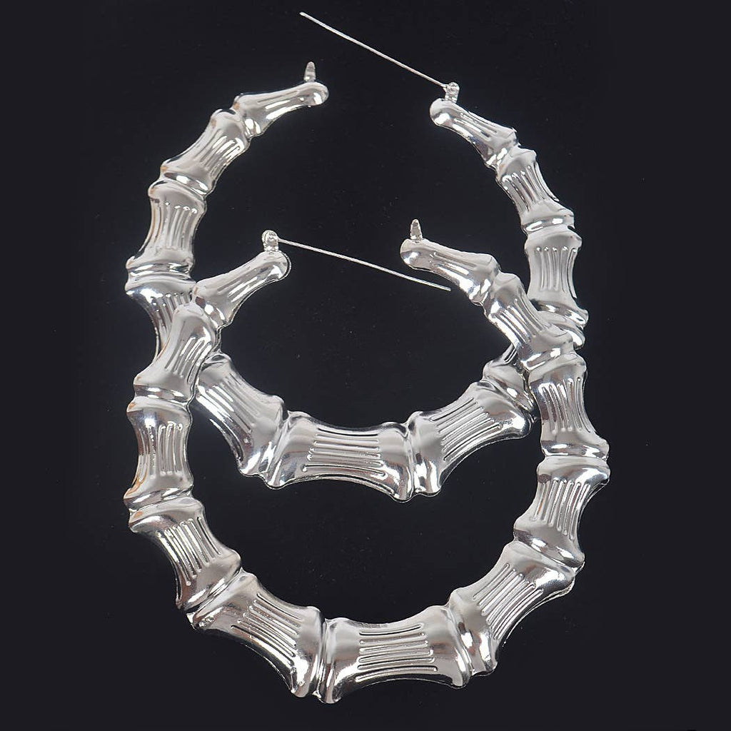 3AM BY H&D ACCESSORIES - Bamboo Metal 10cm Hoop Earring: Silver