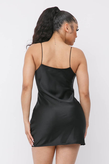 Satin Solid Cowl Neck Spaghetti Strap Bodycon Mini Dress: Black