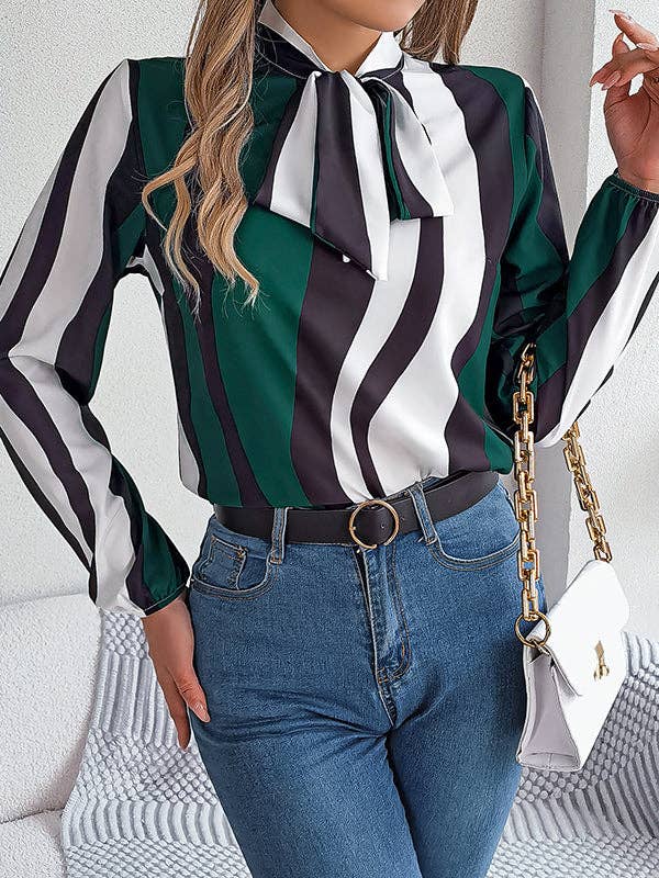 VividLux - Long Sleeves Loose Contrast Color Elasticity Striped Tied Mock Neck Blouses&Shirts Tops: BURGUNDY / M VividLux