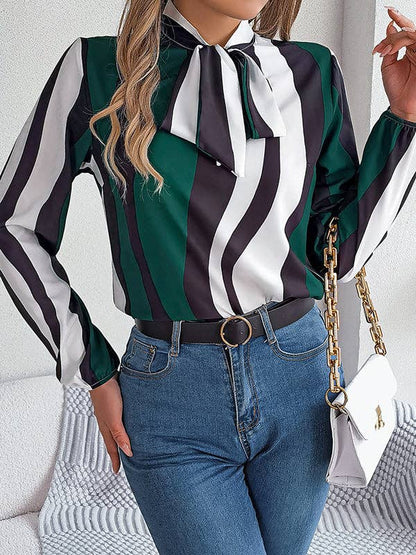 VividLux - Long Sleeves Loose Contrast Color Elasticity Striped Tied Mock Neck Blouses&Shirts Tops: BURGUNDY / L VividLux