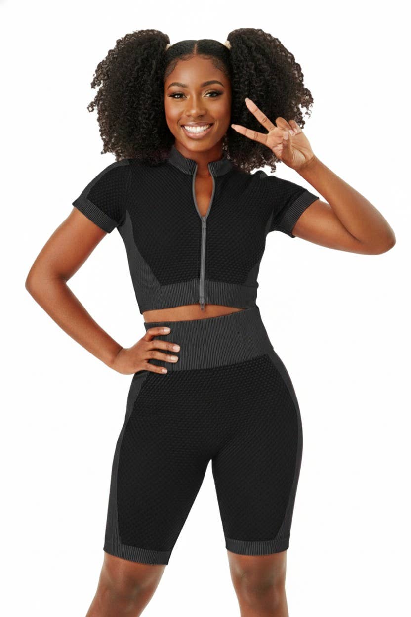 Short Sleeve Waffle Crop Top and Highwaist Short: Black/Charcoal / One Size