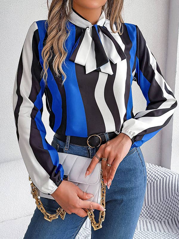 VividLux - Long Sleeves Loose Contrast Color Elasticity Striped Tied Mock Neck Blouses&Shirts Tops: BURGUNDY / XL VividLux