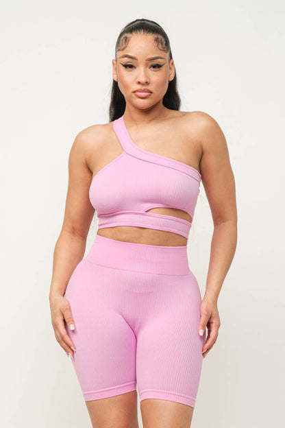 Cut Out One Shoulder Strap Top And Shorts Set: Pink