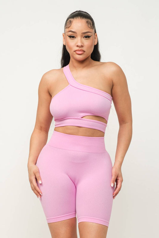 Cut Out One Shoulder Strap Top And Shorts Set: Pink