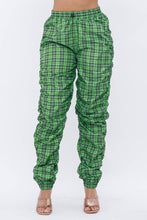 Load image into Gallery viewer, Plaid Print Wind Breaker Drawstring Shirring Jogger Pants- Green
