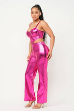 Load image into Gallery viewer, Foil Pu Corset Top And Front Button Pants Set: Fuchsia
