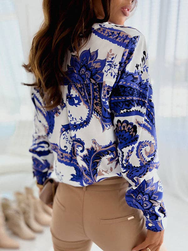 VividLux - Long Sleeves Loose Printed Lapel Blouses: GREEN / XL VividLux