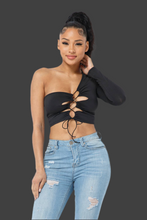 Load image into Gallery viewer, Yoga Fabric One Shoulder Front Open Tie Crop Top: Black
