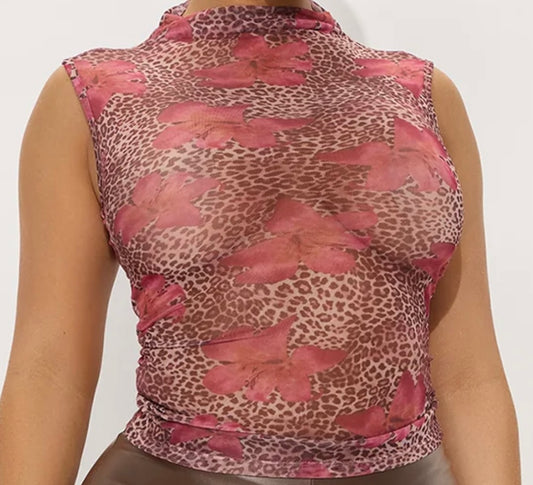 Leopard Print Mesh Top-Plus