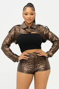 Animal Print Long Sleeve Crop Top And Short Set: Brown