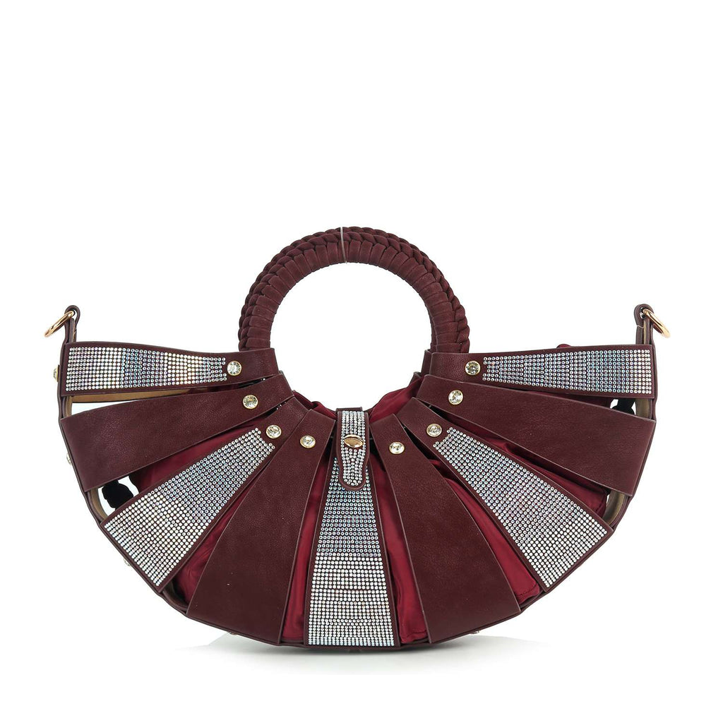 Unique  Design Rhinestone Accented Hand Tote: Burgundy
