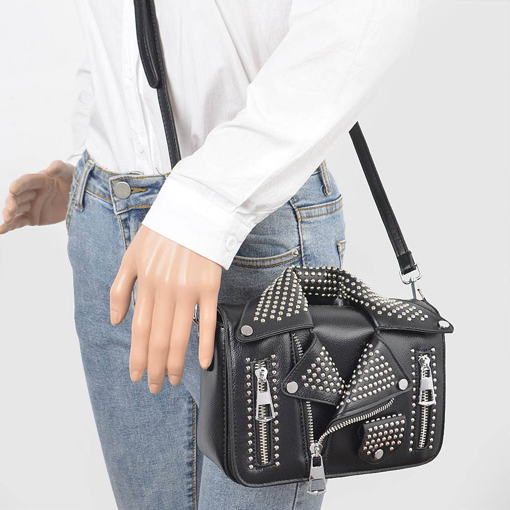 Vegan Leather Metal Studded Jacket Clutch: Silver