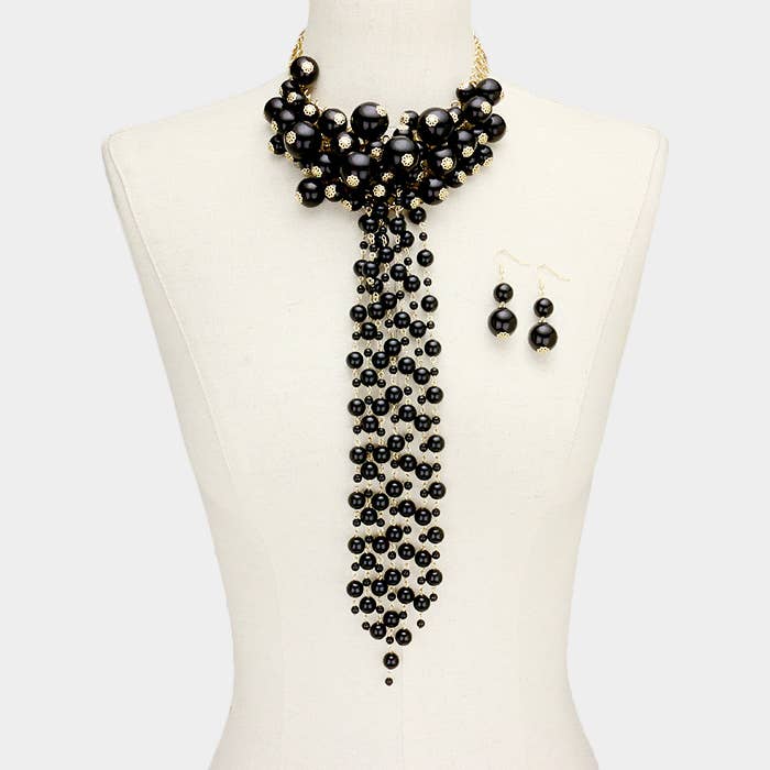 Pearl Cluster Vine Fringe Bib Necklace: Black,Gold