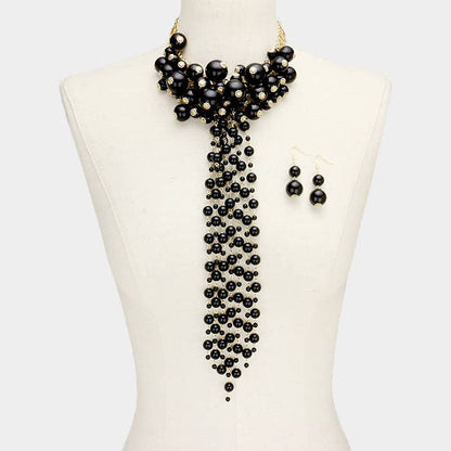 Pearl Cluster Vine Fringe Bib Necklace: Black,Gold