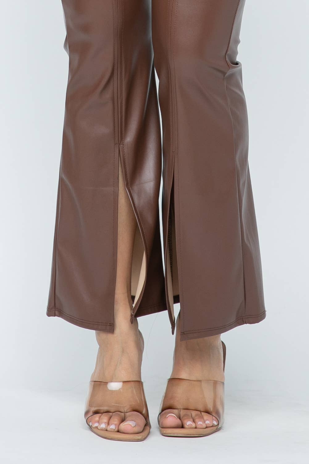 Pu Leather High Waisted Front Slit Hem Back Zipper Pants: Coffee Julia by LoveJ