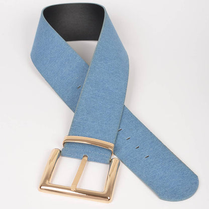Oversized Metal Buckle Denim Waist Belt: Silver