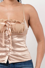 Load image into Gallery viewer, Mesh Ruched Lace Trim Front Tie Top: Taupe
