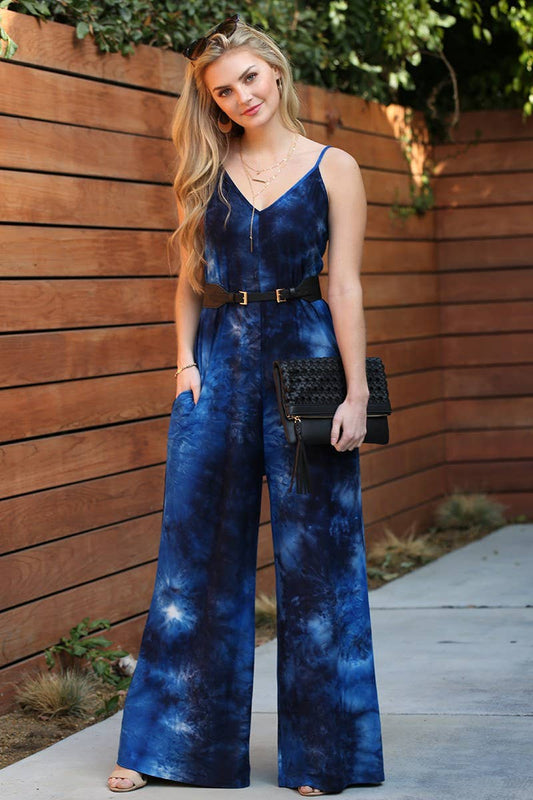 LOOSE FIT SPAGHETTI STRAP POCKET JUMPSUIT: NAVYTIEDYE
