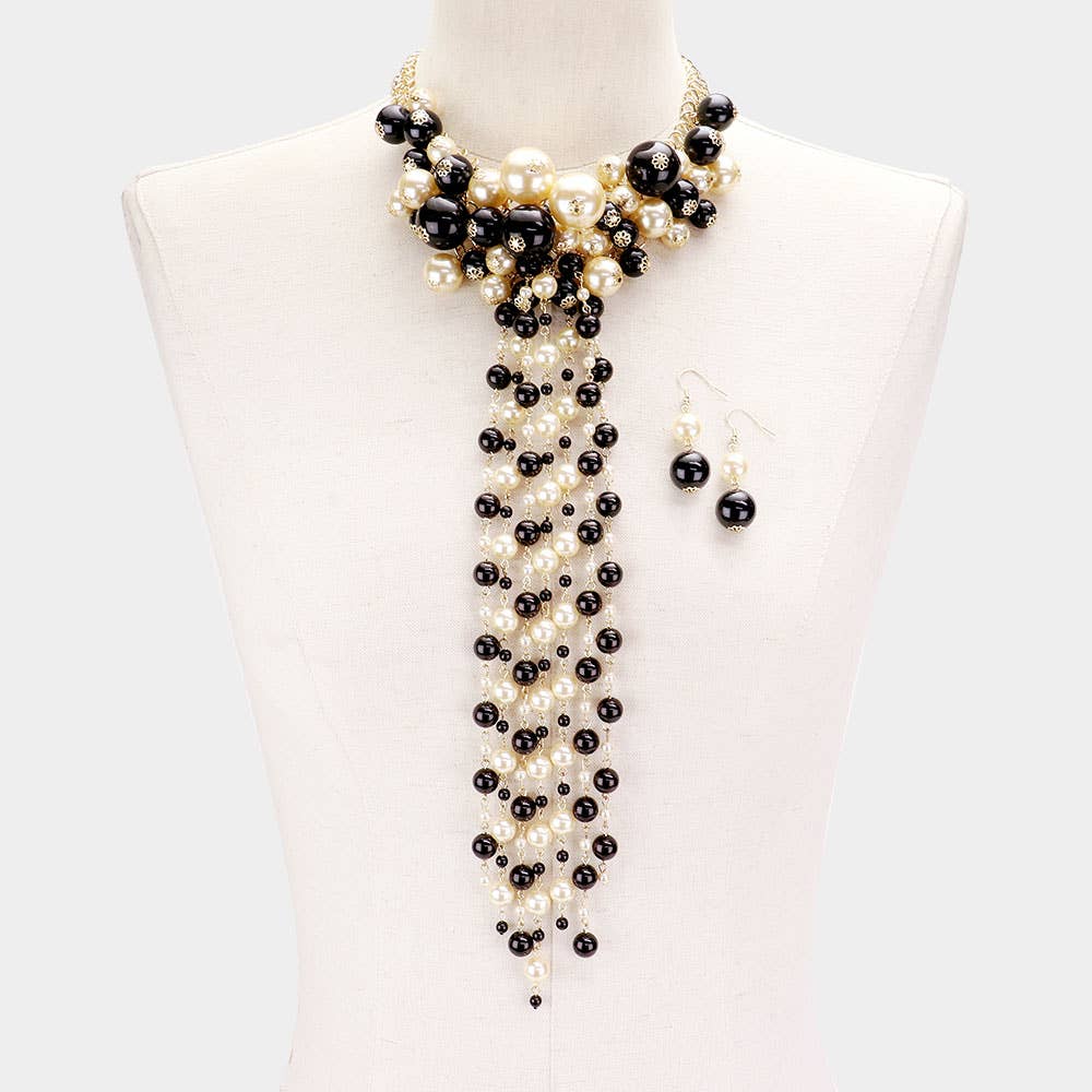 Pearl Cluster Vine Fringe Bib Necklace: Black,Gold