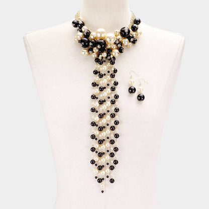 Pearl Cluster Vine Fringe Bib Necklace: Black,Gold