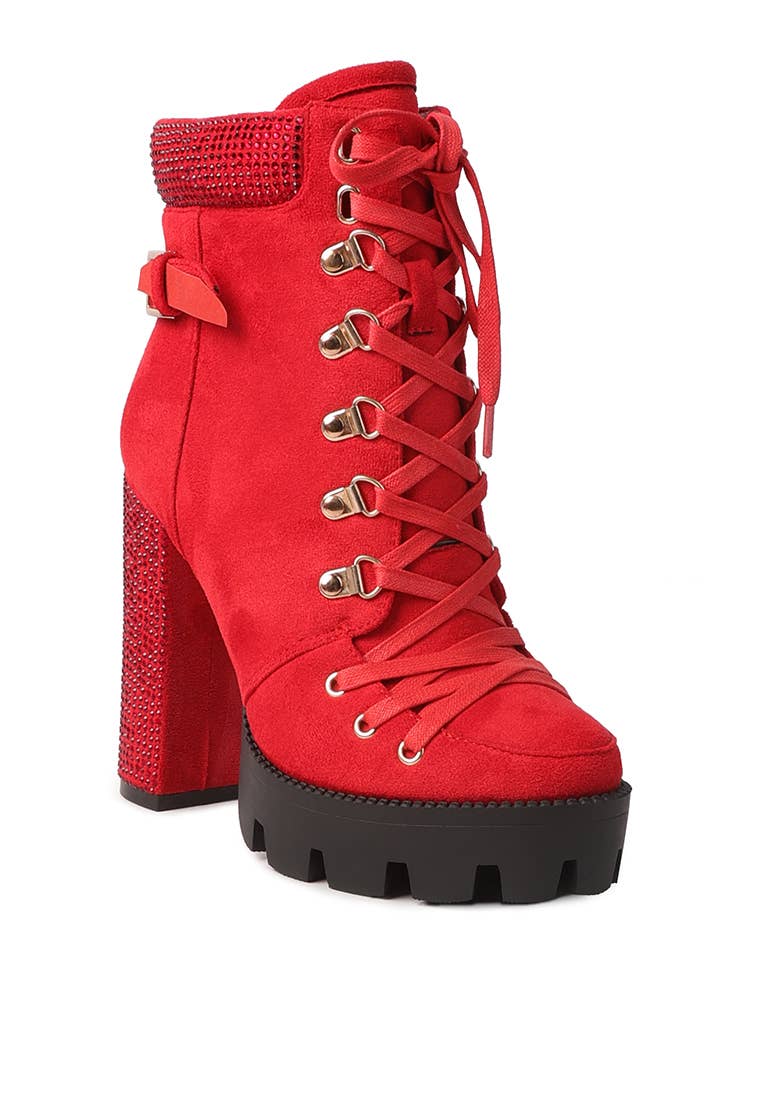 Block Heeled Ankle Boot: RED