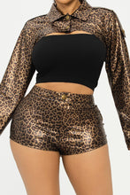 Load image into Gallery viewer, Animal Print Long Sleeve Crop Top And Short Set: Brown
